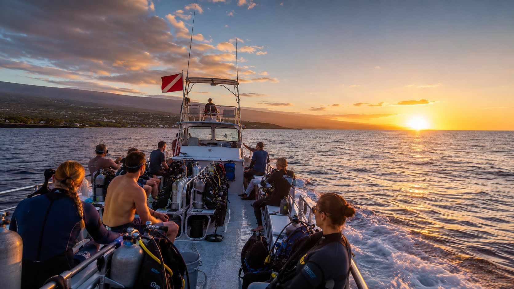A group of scuba divers on a boat sailing toward a beautiful sunset in Kona, Hawaii.