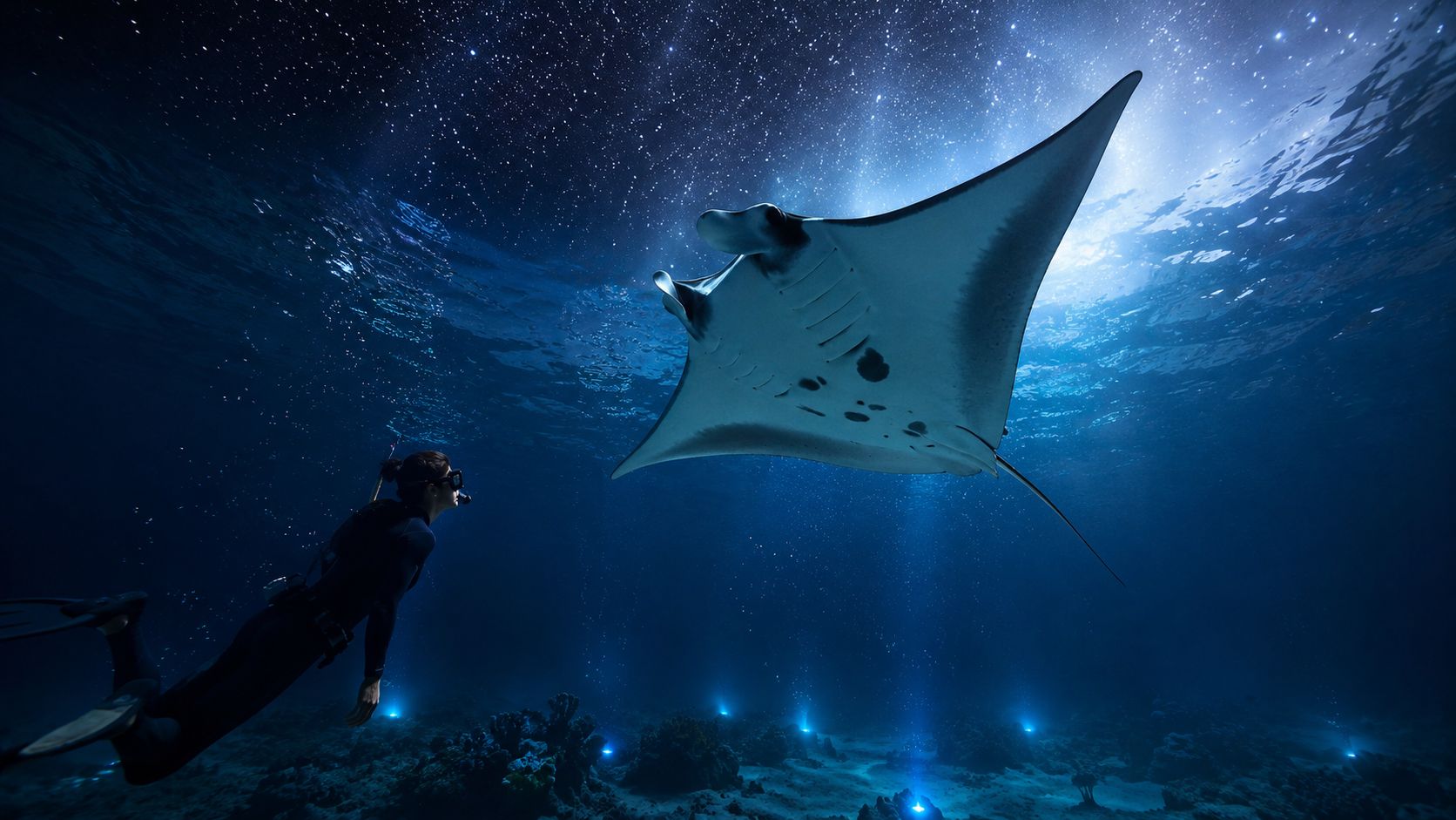 A scuba diver swims underwater at night observing a large manta ray beneath a starry sky.