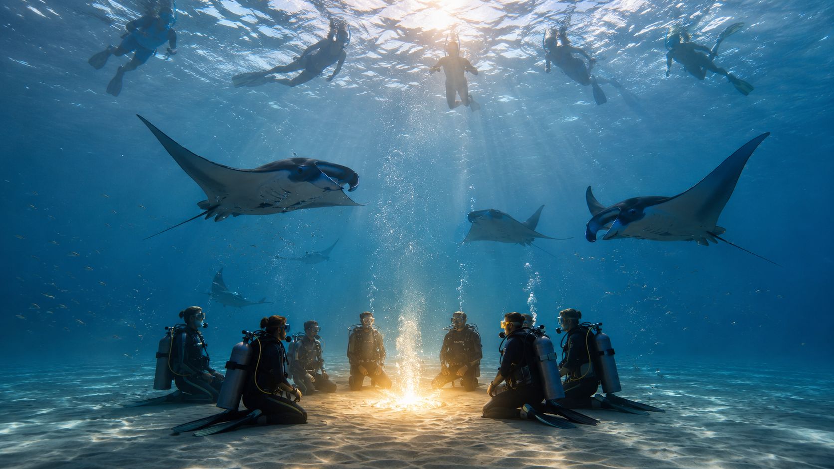 Scuba divers kneeling on the ocean floor surrounded by majestic manta rays in a sunny underwater scene.