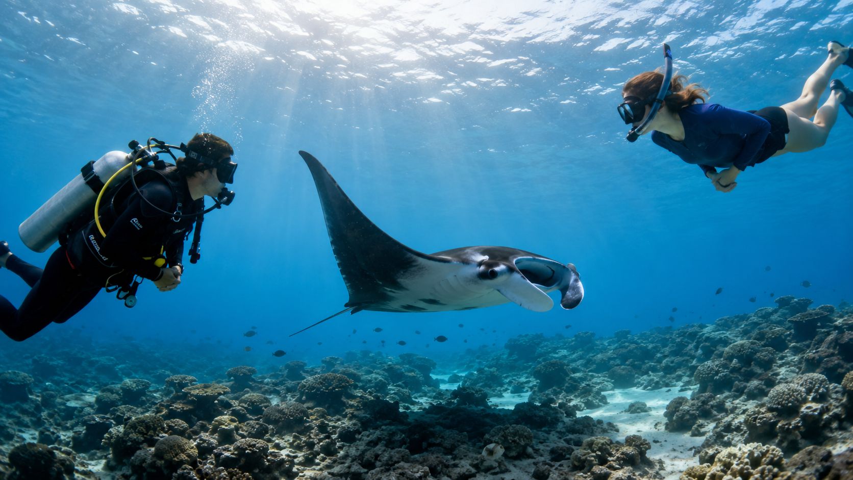 A scuba diver and a snorkeler swimming underwater near a graceful manta ray in clear ocean waters.