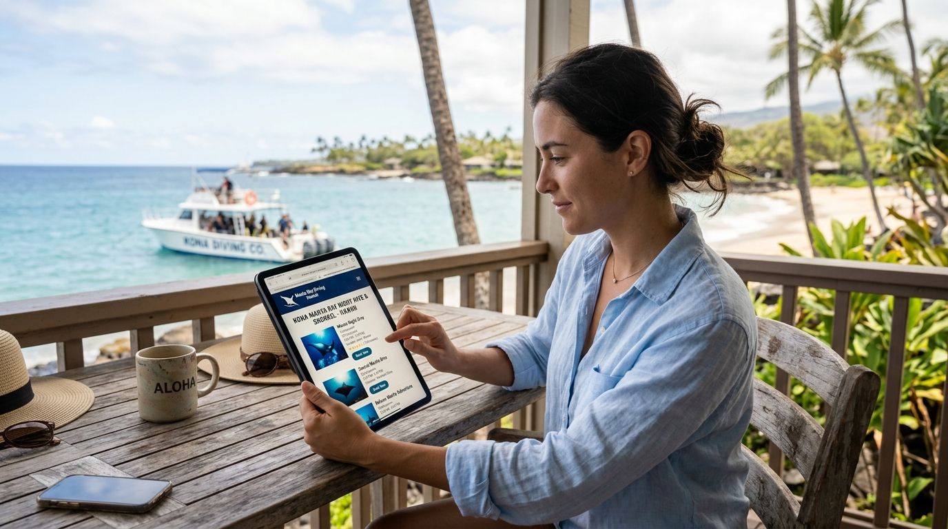 A young woman sits on a wooden deck by the beach, browsing a manta ray diving excursion on her tablet.