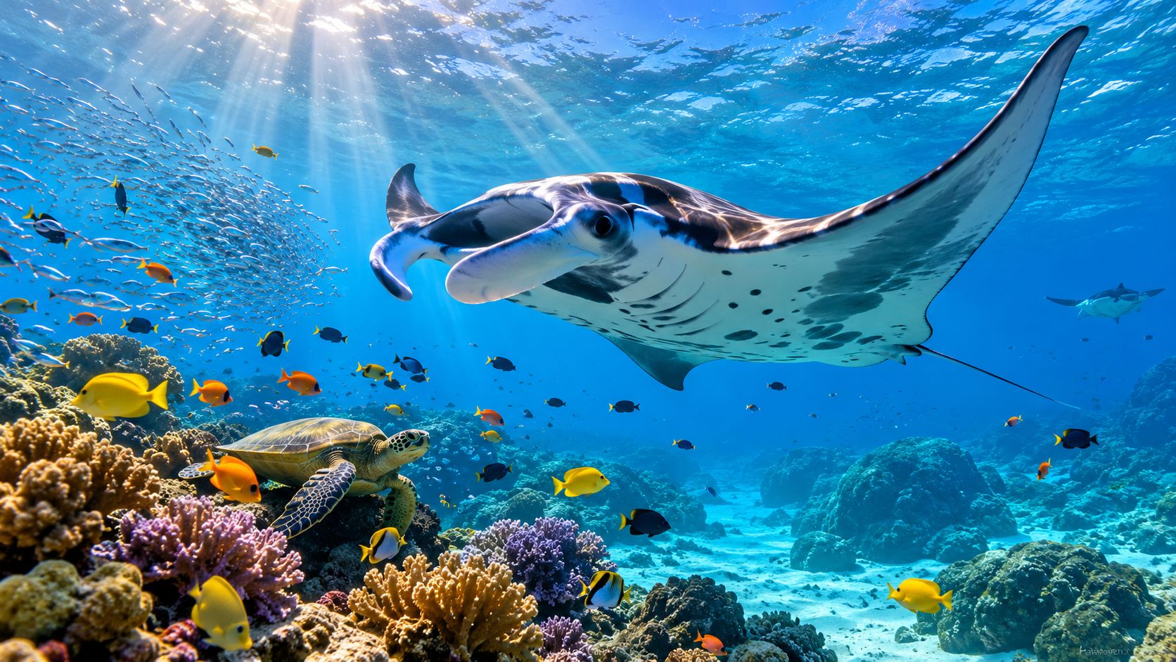 A majestic manta ray swimming above a sea turtle and colorful tropical fish on a vibrant coral reef.