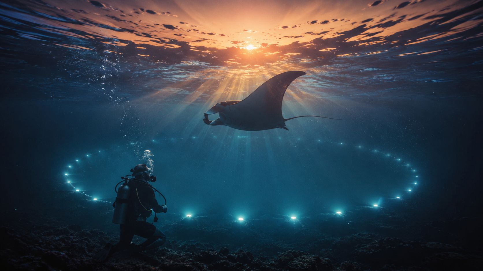 A scuba diver kneeling on the ocean floor observing a graceful manta ray in deep blue water.