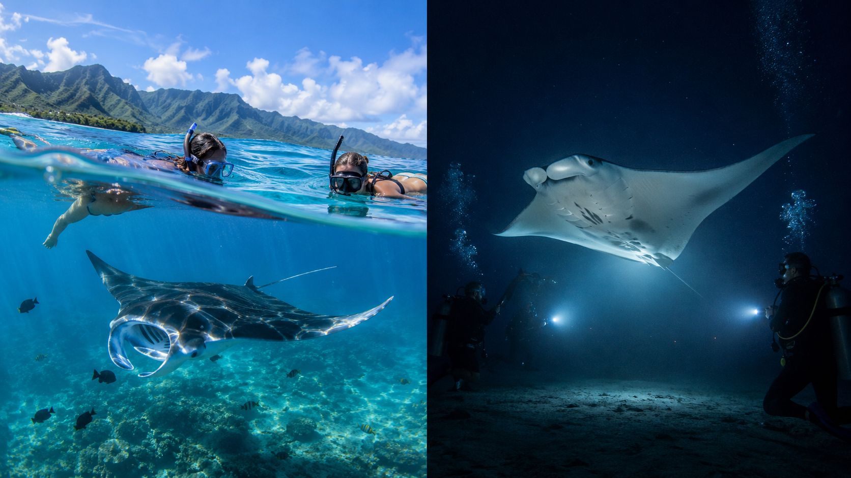 Two split images showing people snorkeling with a manta ray in Hawaii and scuba diving at night.