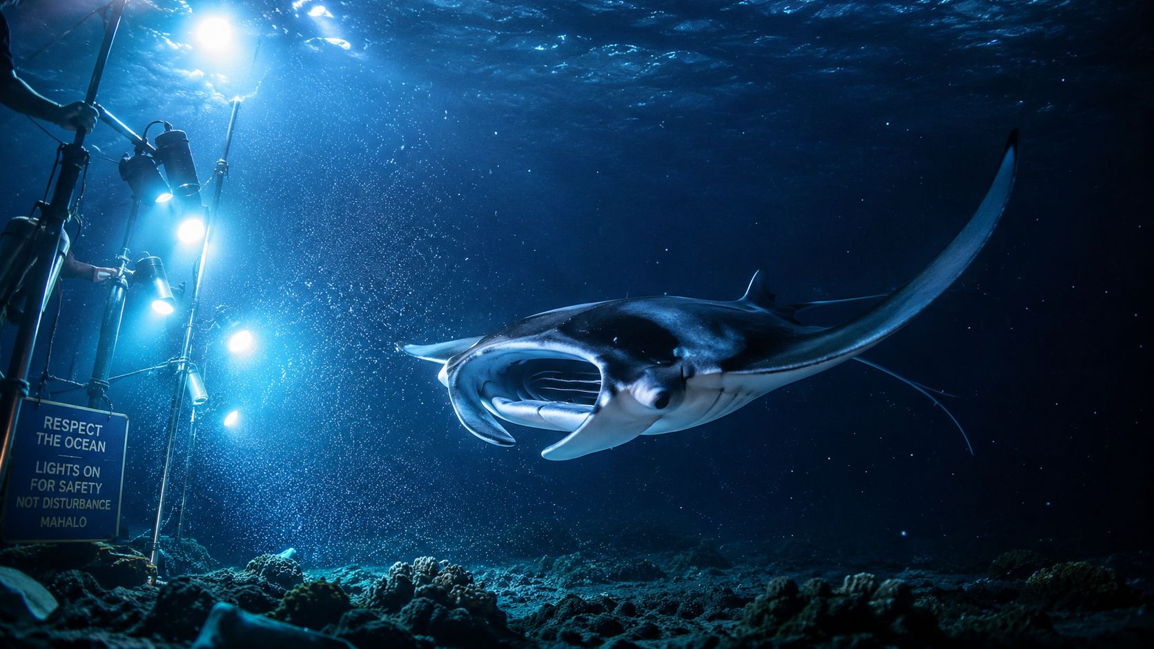 A majestic manta ray glides past underwater lights and a safety sign during a night dive in Hawaii.