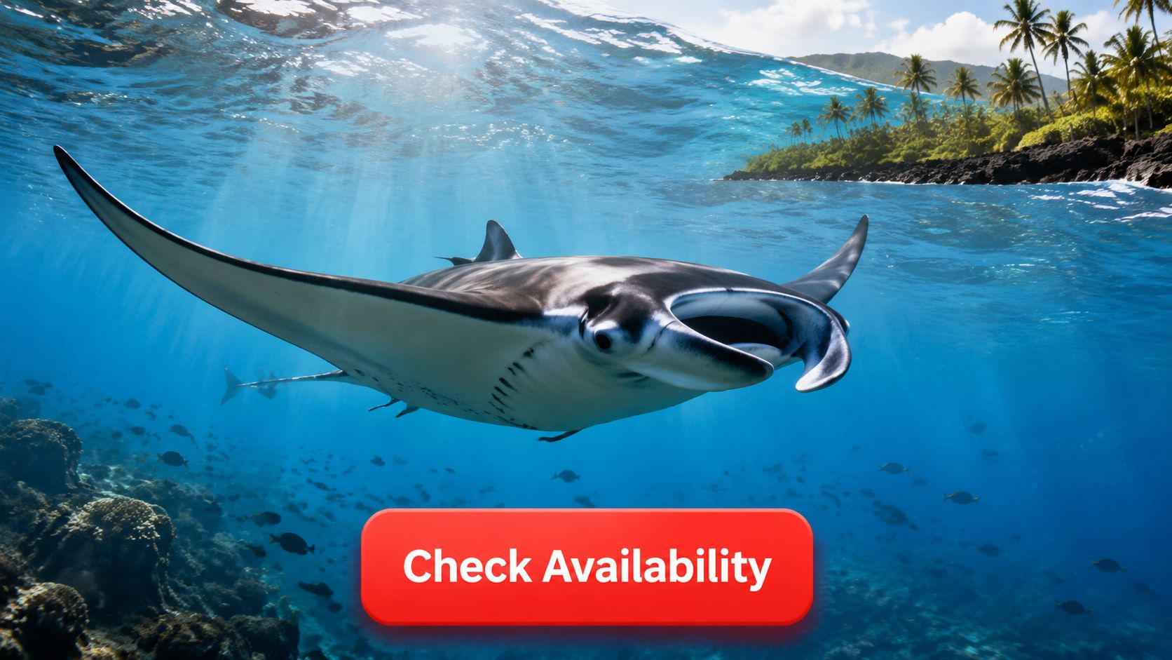 A majestic manta ray swimming gracefully through clear blue ocean waters near a tropical island coastline.