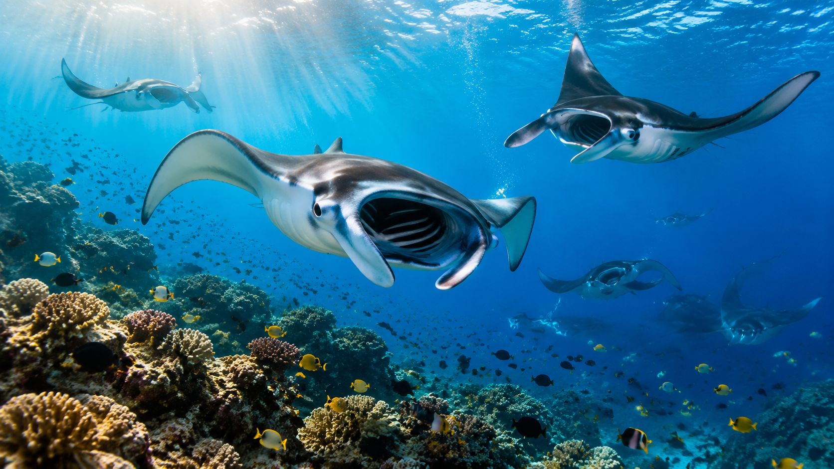 Several large manta rays swim gracefully through clear blue water above a vibrant coral reef in Hawaii.
