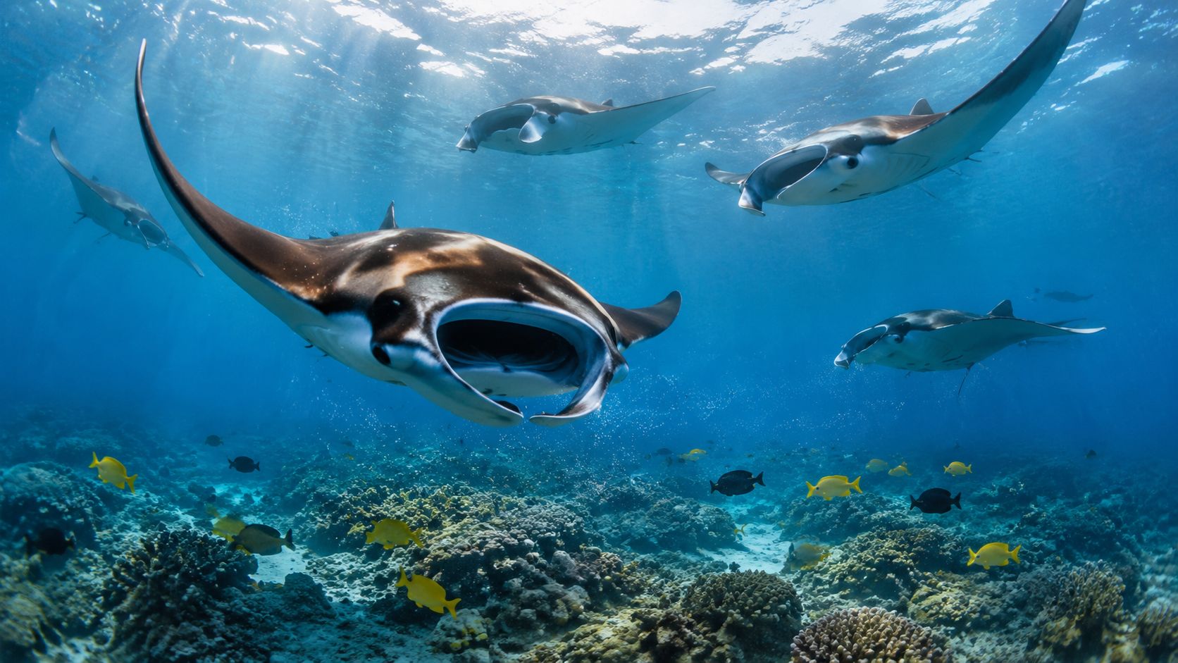 A group of majestic manta rays gliding gracefully through clear blue water above a vibrant coral reef.