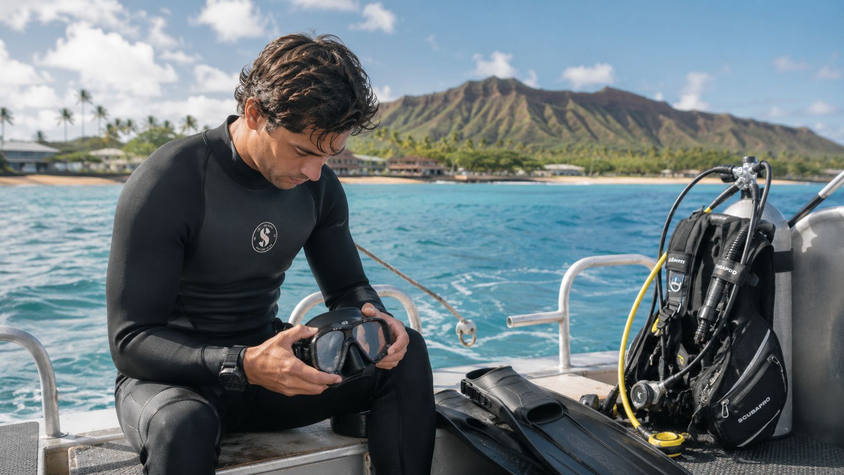 A scuba diver in a wetsuit sits on a boat while preparing his mask before a dive.