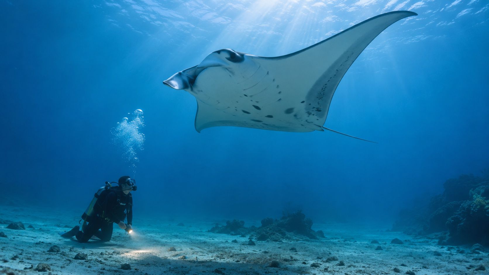 A scuba diver explores the sandy ocean floor while a large manta ray swims gracefully overhead.