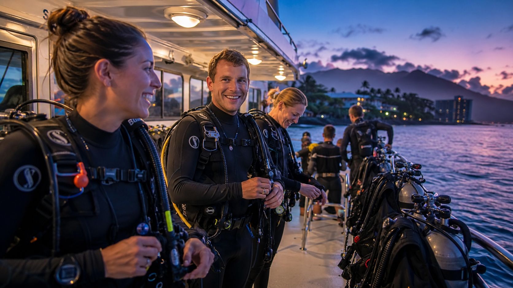 Scuba divers in wetsuits prepare their gear on a boat deck during a beautiful sunset in Hawaii.