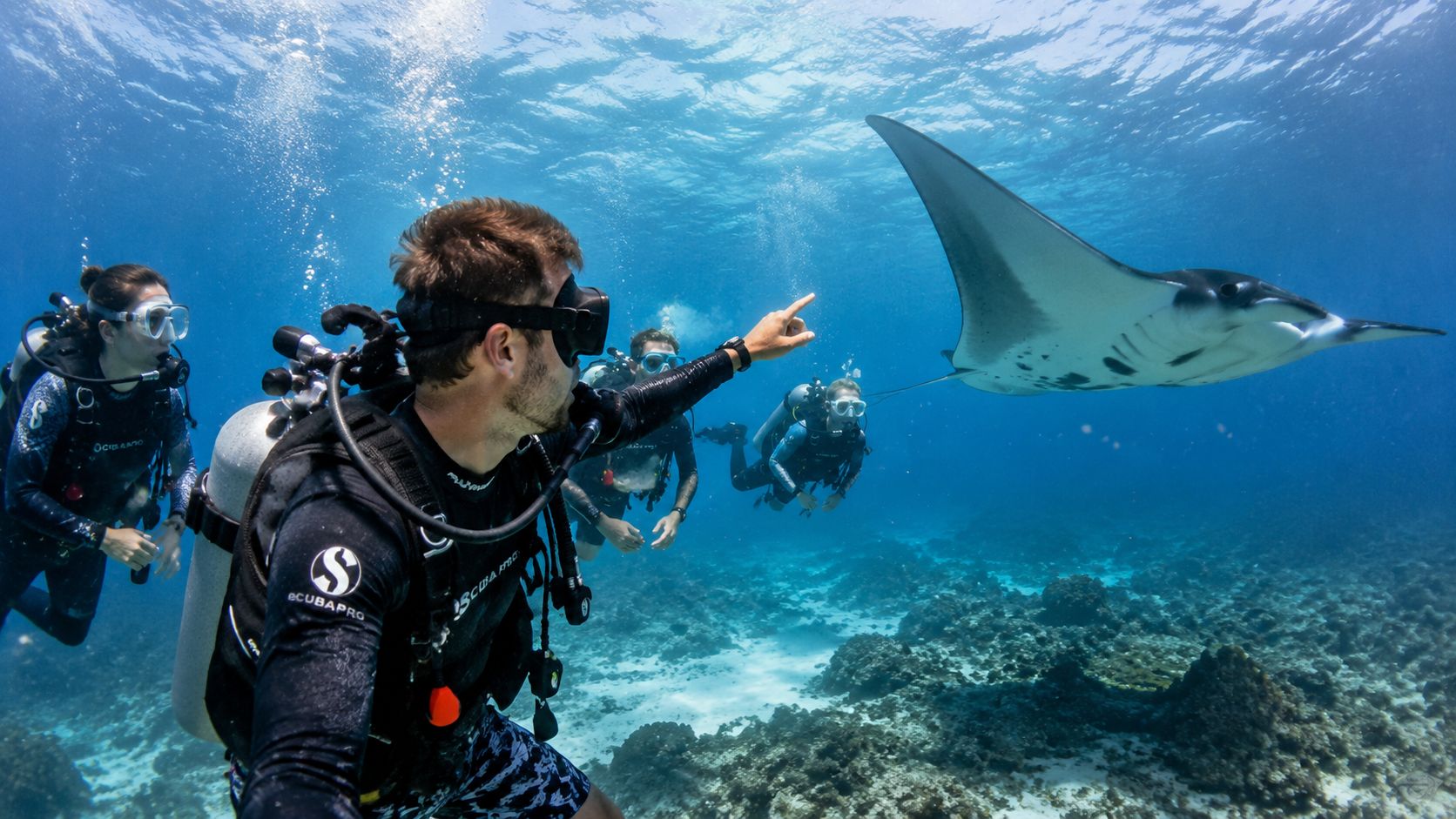 Scuba divers in wetsuits swim underwater while pointing at a majestic manta ray swimming nearby.