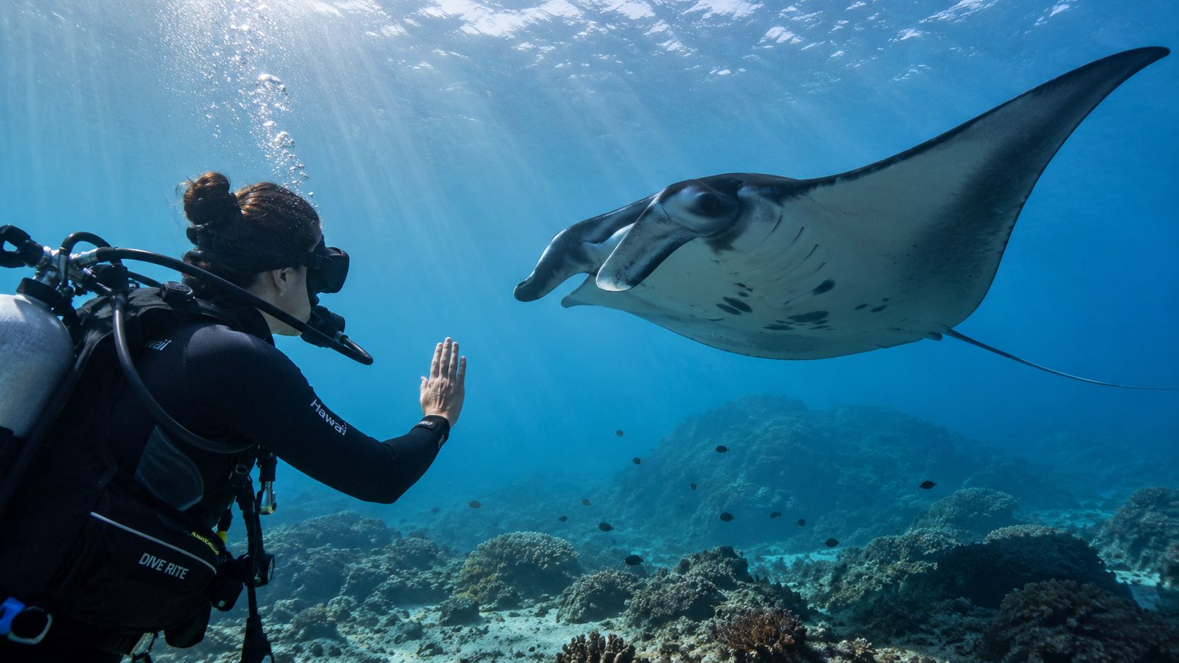 A scuba diver makes a hand gesture towards a large manta ray swimming in clear blue water.