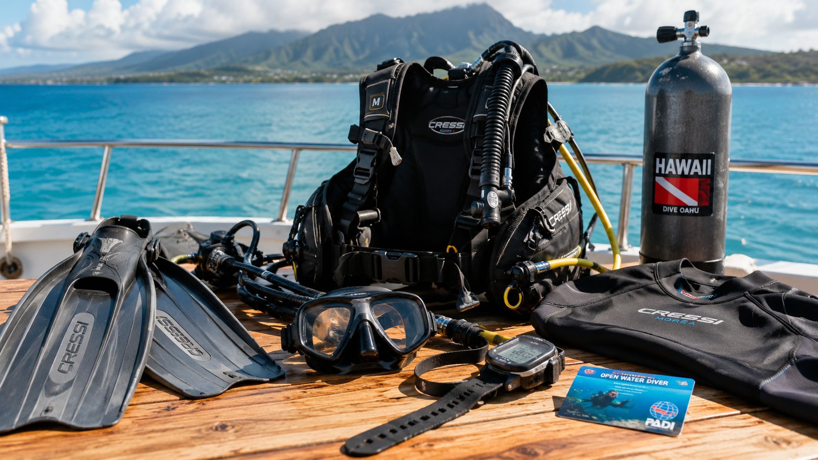 A collection of scuba diving gear including a Cressi vest, fins, tank, mask, and PADI certification card.