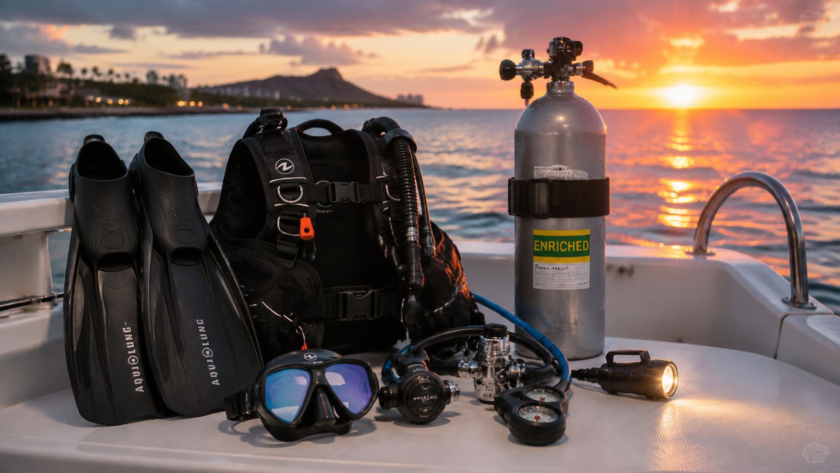 Scuba diving equipment including fins, a tank, mask, and regulator arranged on a boat at sunset.