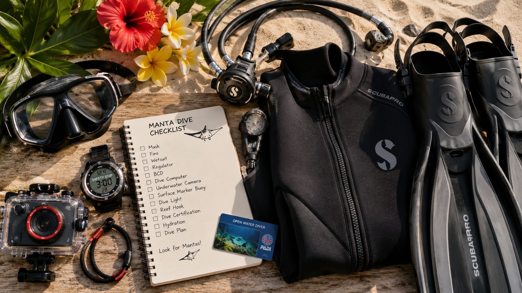A selection of scuba diving gear and a checklist prepared for a manta ray dive trip.