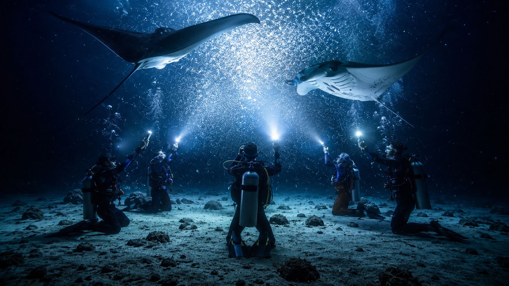 Scuba divers kneeling on the ocean floor shining lights upward at two manta rays swimming above