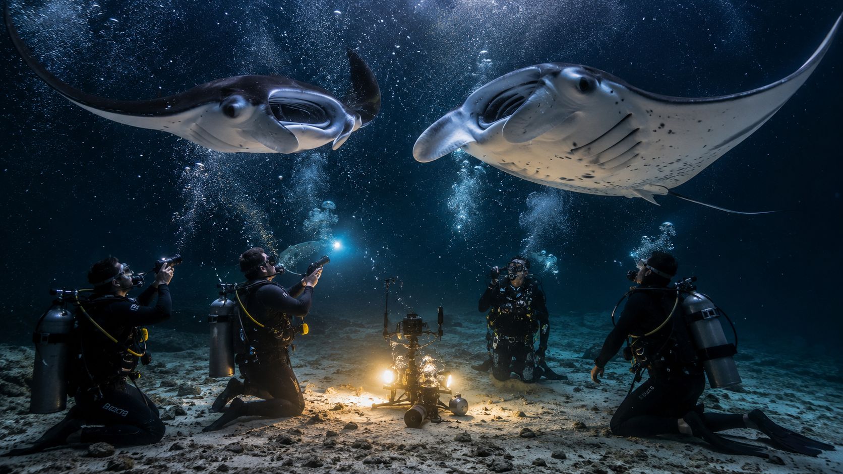 Scuba divers capturing photographs of two graceful manta rays swimming underwater above them in the deep ocean.
