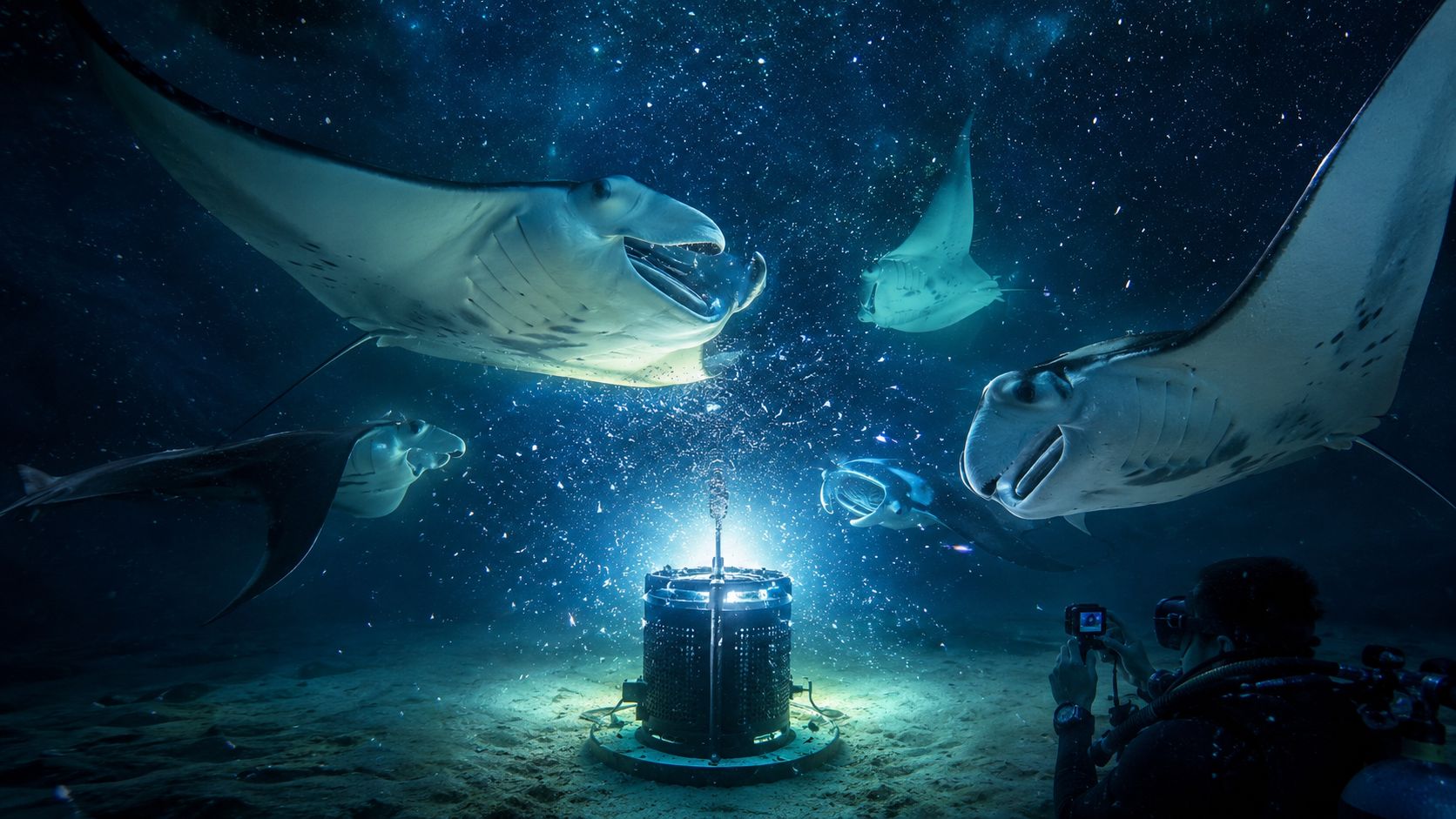 A scuba diver photographs manta rays circling a bright underwater light fixture on the sandy ocean floor.