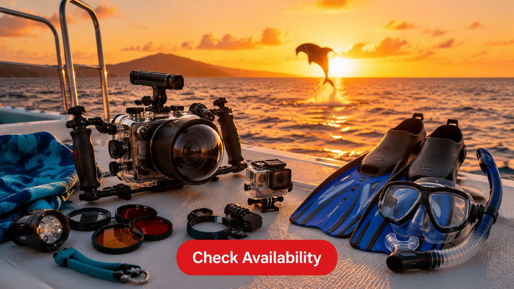 A professional underwater camera rig, scuba mask, fins, and snorkeling gear set on a boat at sunset.