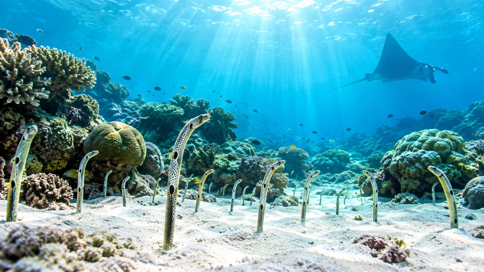 A school of spotted garden eels emerging from a sandy sea floor near a tropical coral reef.