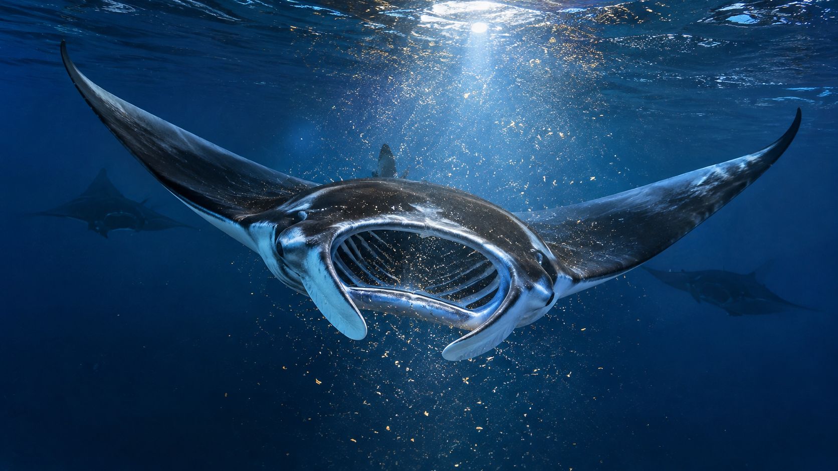 A majestic manta ray swimming with its mouth wide open through plankton in deep blue ocean water.