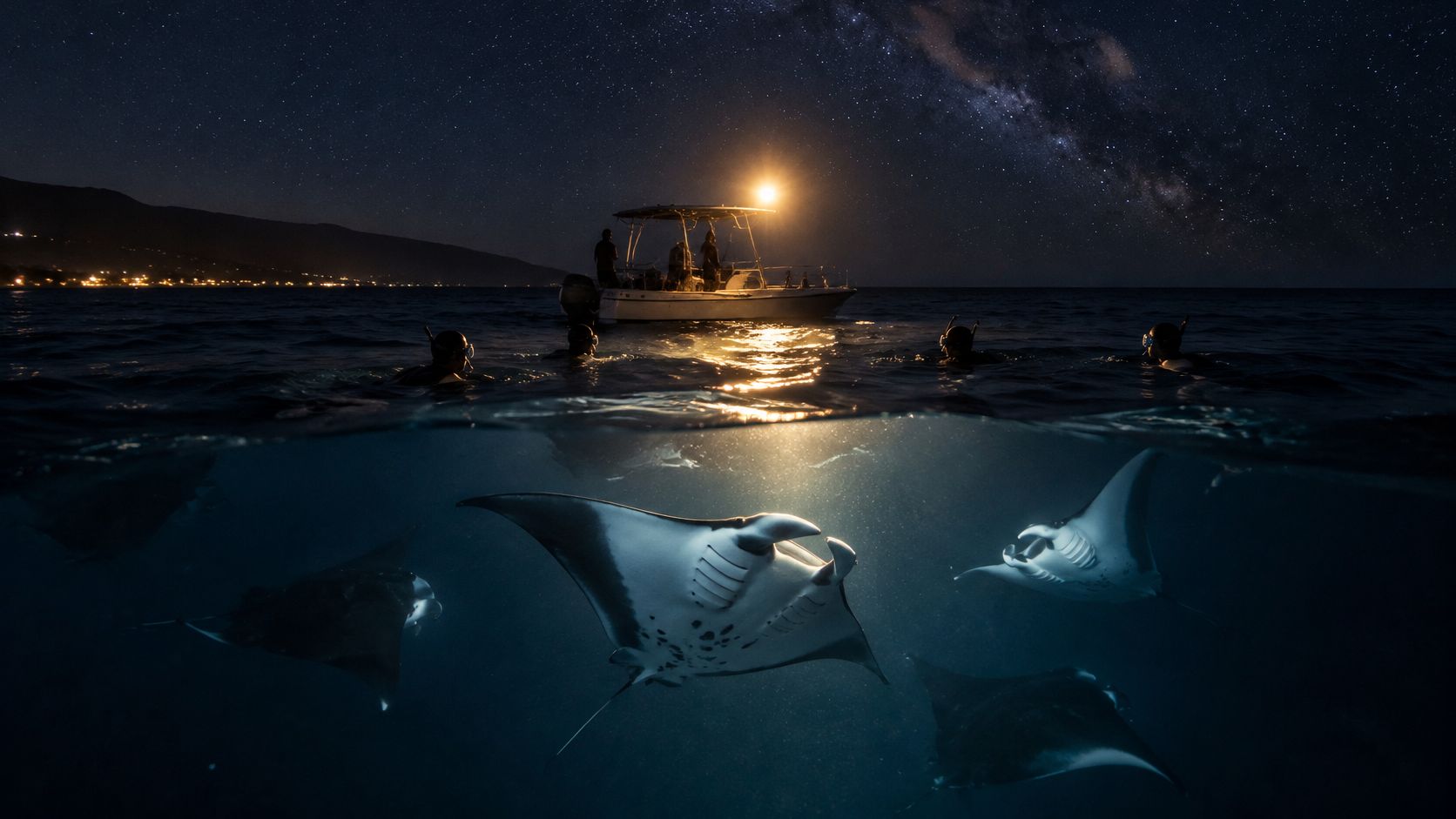 Snorkelers in Hawaii observe manta rays swimming under a boat beneath a brilliant starry night sky.