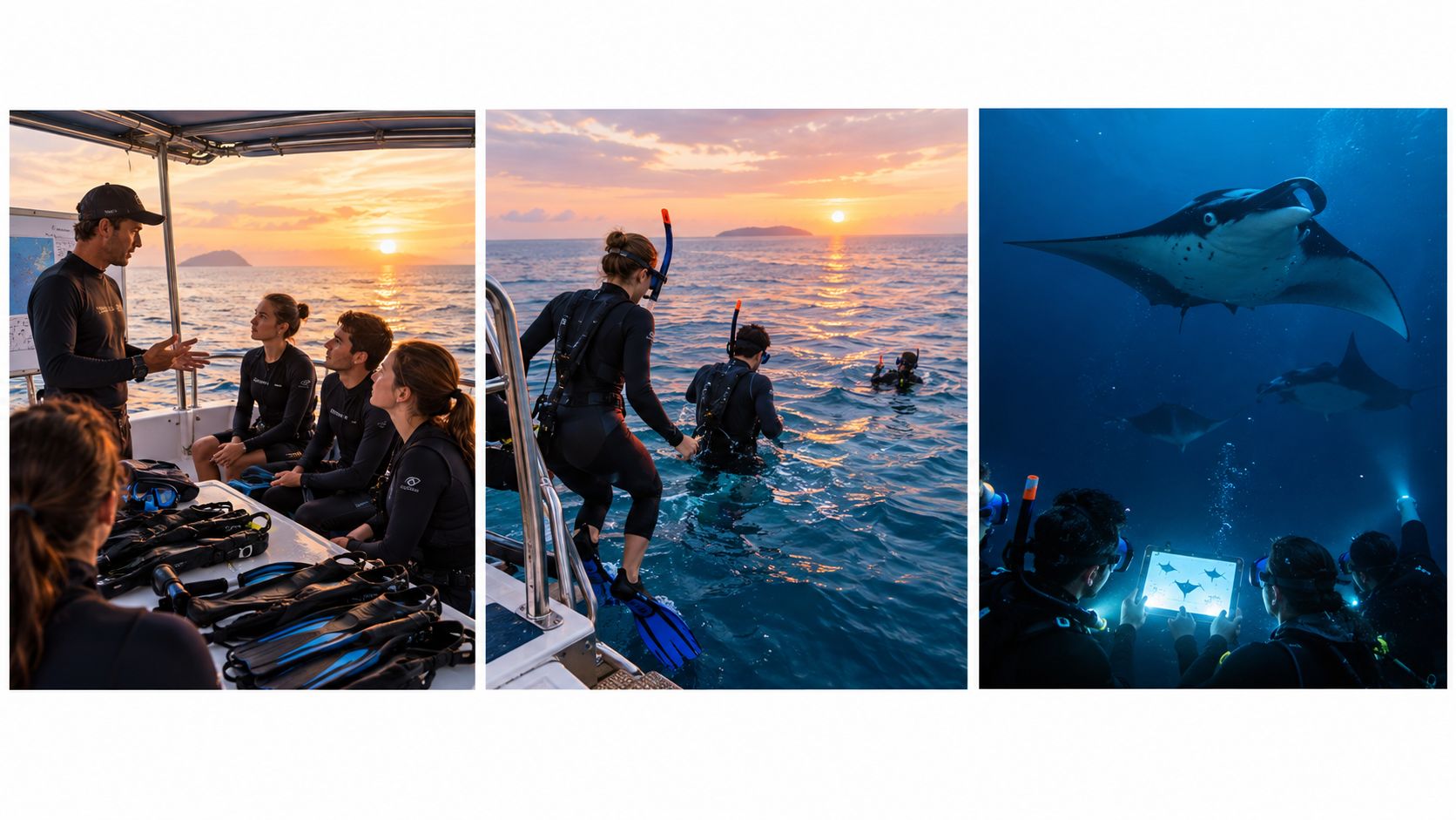 A three-part composition showing a guide briefing snorkelers on a boat, entering the ocean, and swimming with manta rays.