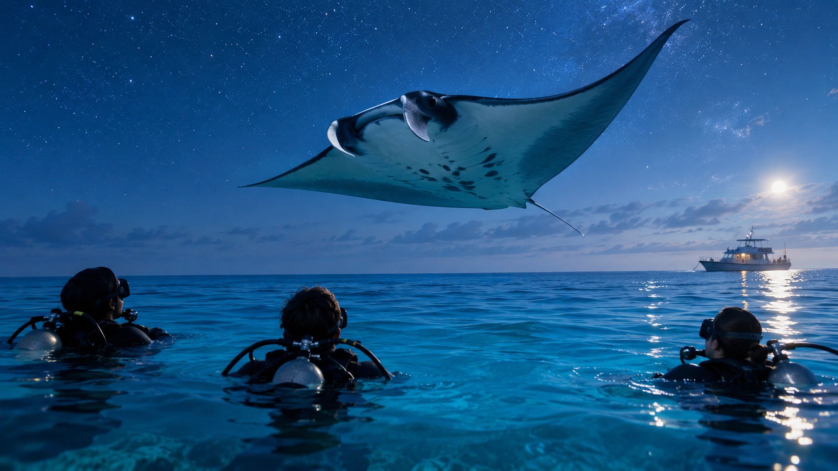 Scuba divers watch a massive manta ray gliding above the water surface under a starry night sky.