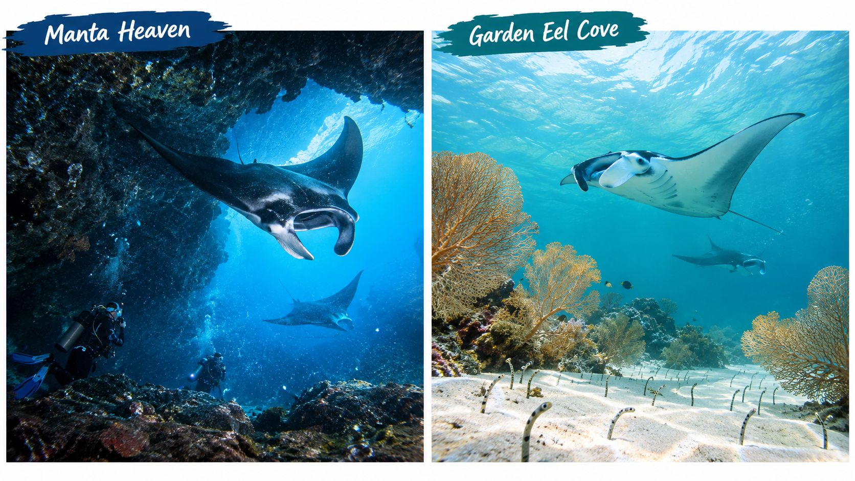 Scuba divers swimming near large manta rays at Manta Heaven and Garden Eel Cove underwater locations.