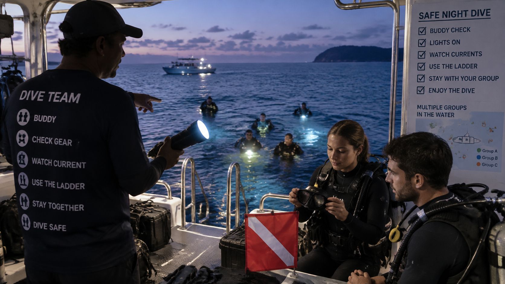 A dive instructor points to the ocean while divers prepare for a night dive from a boat.