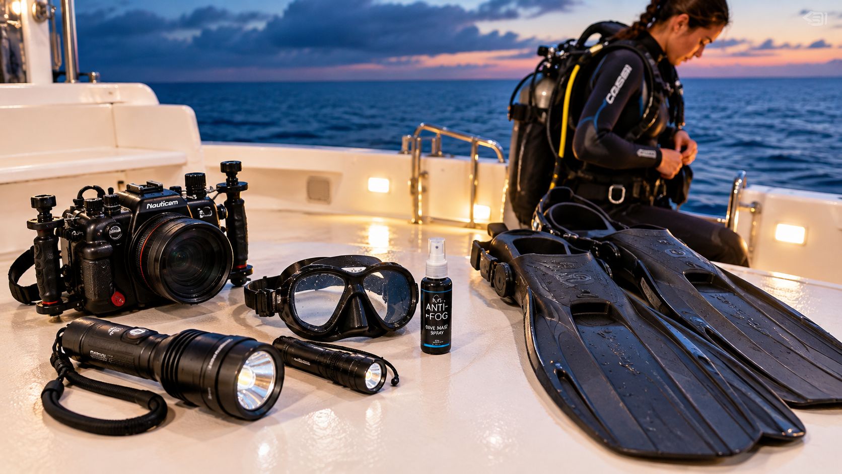 Scuba diving equipment including a camera housing, mask, anti-fog spray, and fins on a boat deck at sunset.