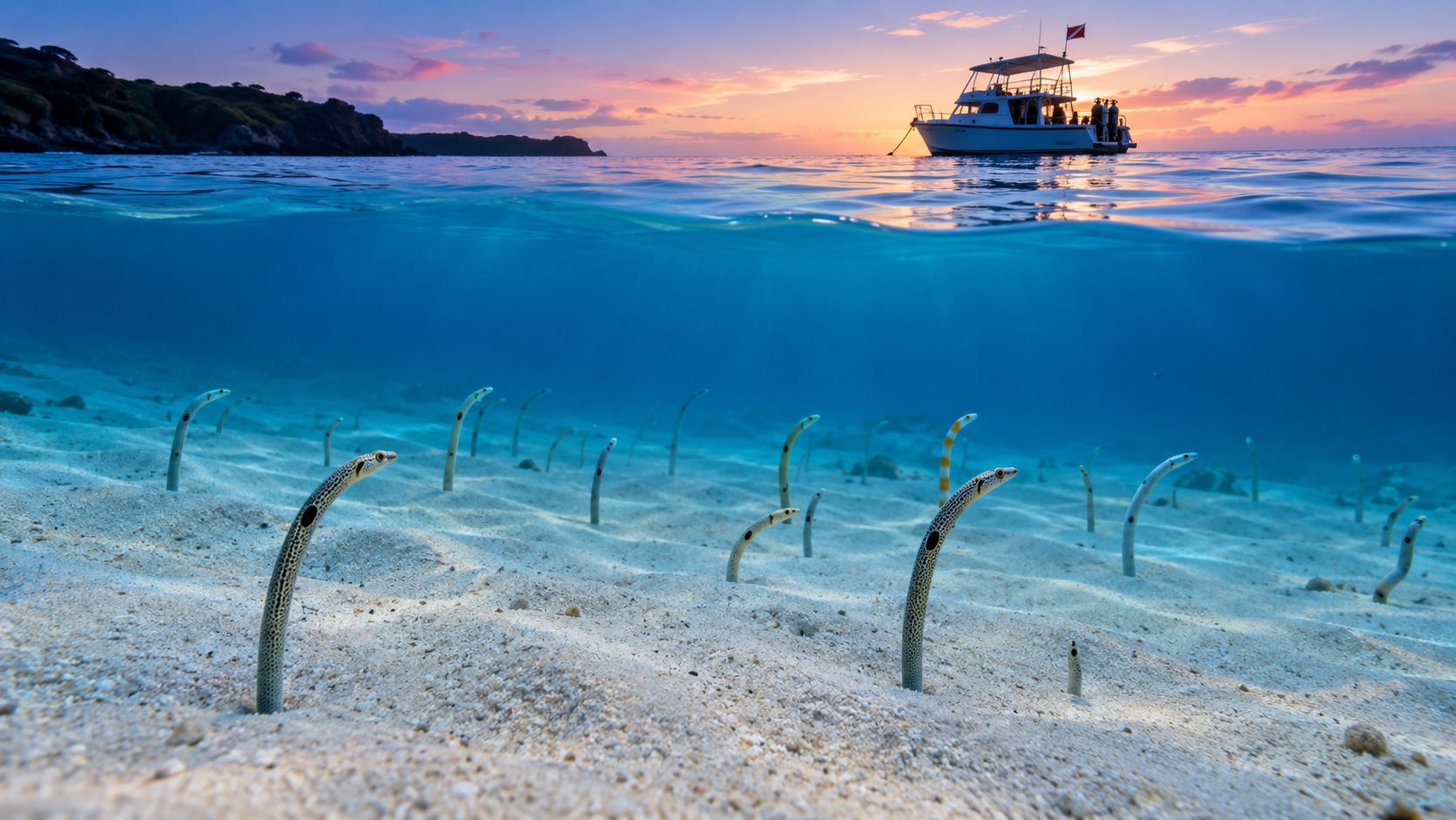 A scenic underwater view of a sandy ocean floor with multiple garden eels protruding from the sand.
