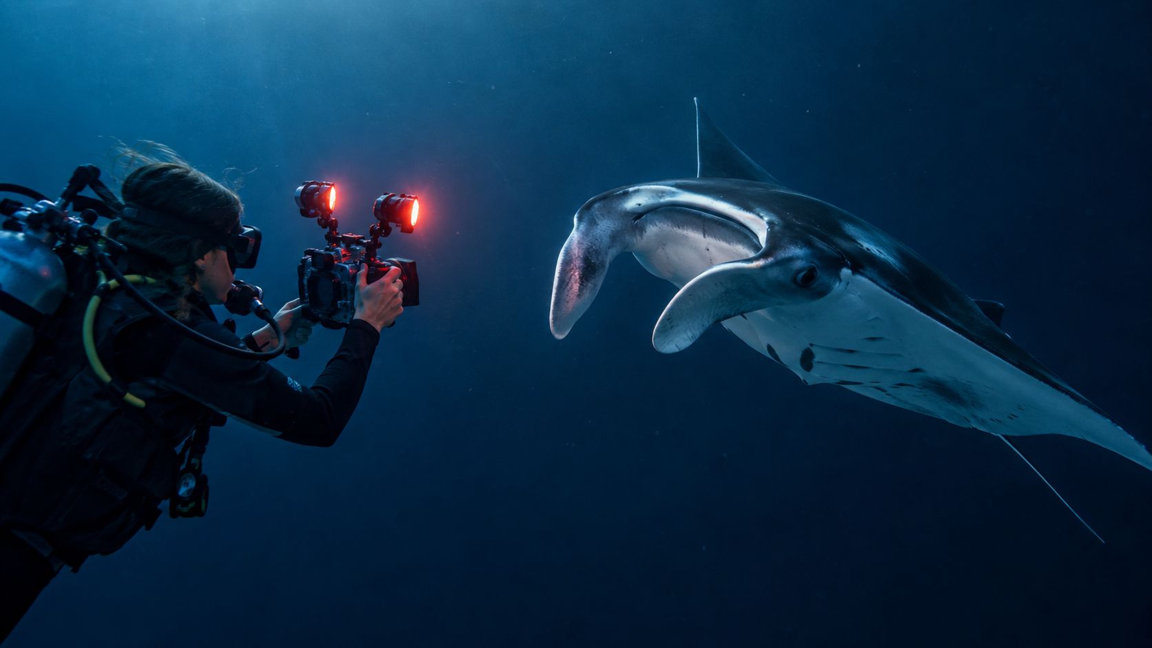 A scuba diver photographs a graceful manta ray during an underwater night dive in deep blue water.