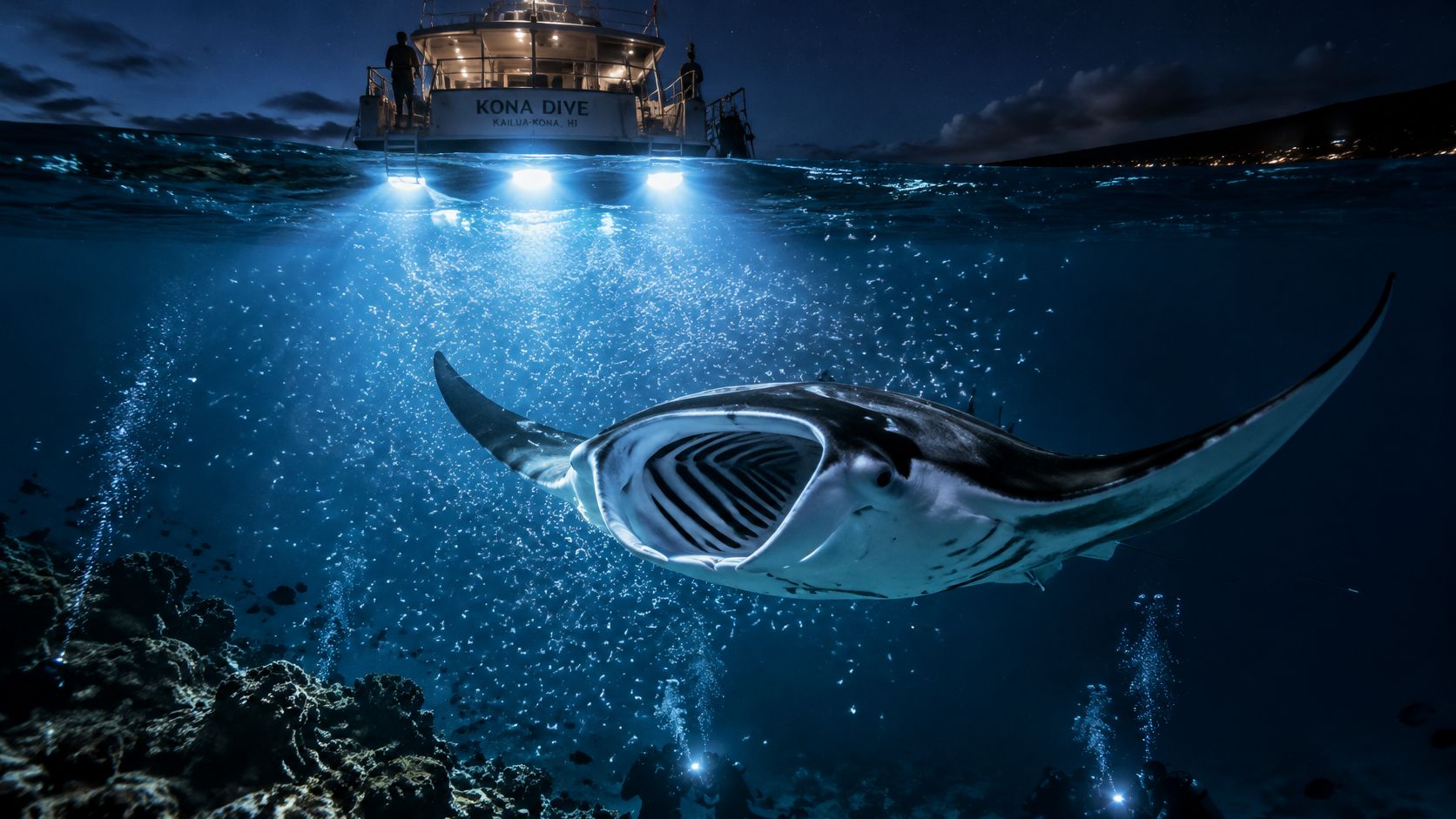 A majestic manta ray swimming with mouth open beneath a dive boat during a night excursion.
