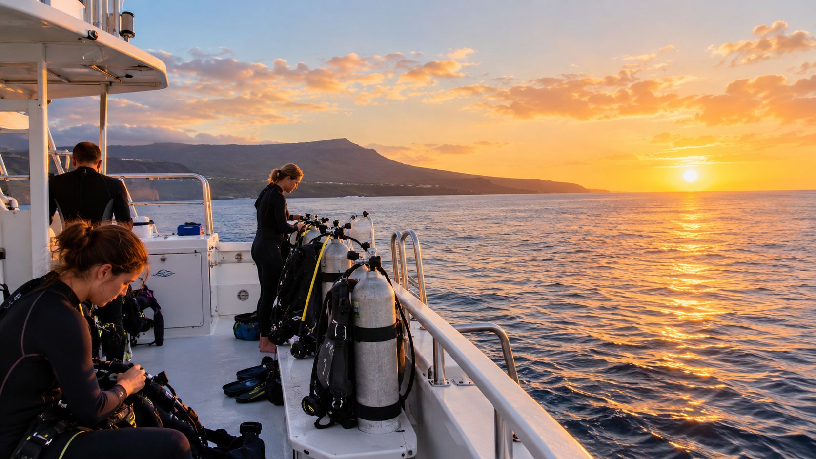 Scuba divers preparing their gear on a boat during a beautiful sunset over the open ocean.