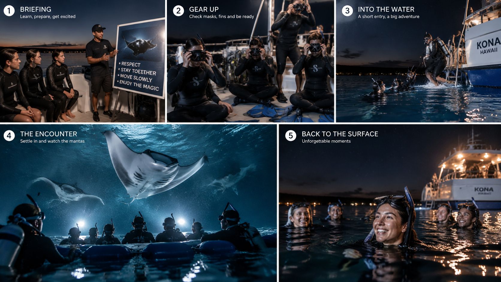 A five-step guide showcasing tourists preparing for and experiencing a night dive with manta rays in Kona.