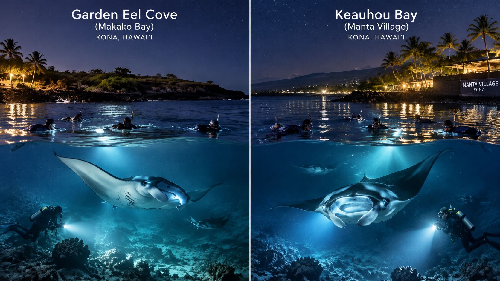 Scuba divers and snorkelers observing majestic manta rays during a night dive in Kona, Hawaii.