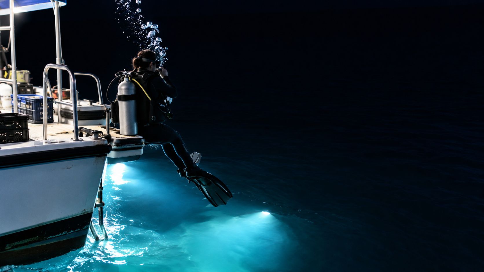 A scuba diver sits on the edge of a boat preparing for a night dive in dark waters.