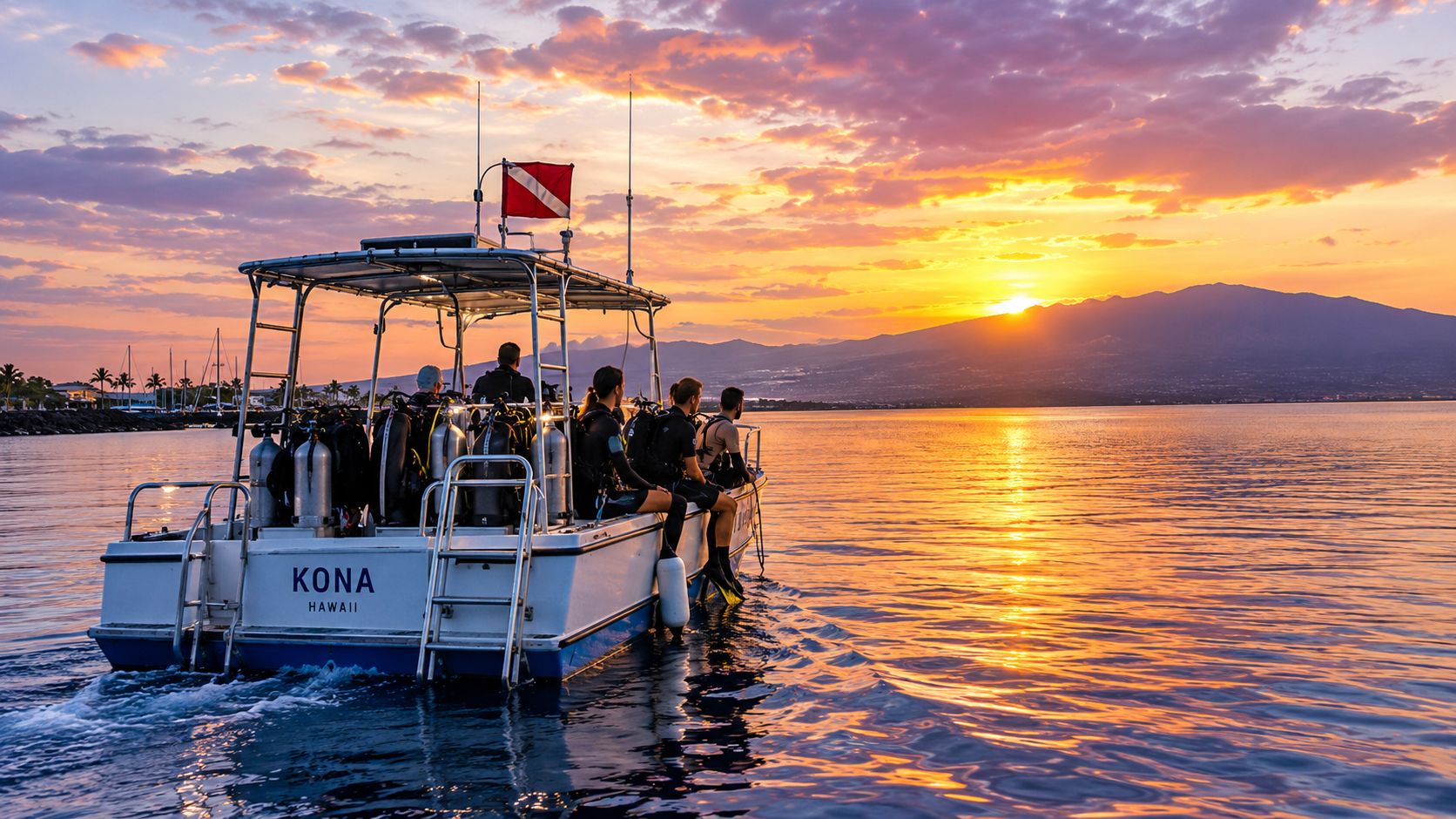 A dive boat carrying scuba divers heads toward a beautiful sunset over the mountains in Kona, Hawaii.