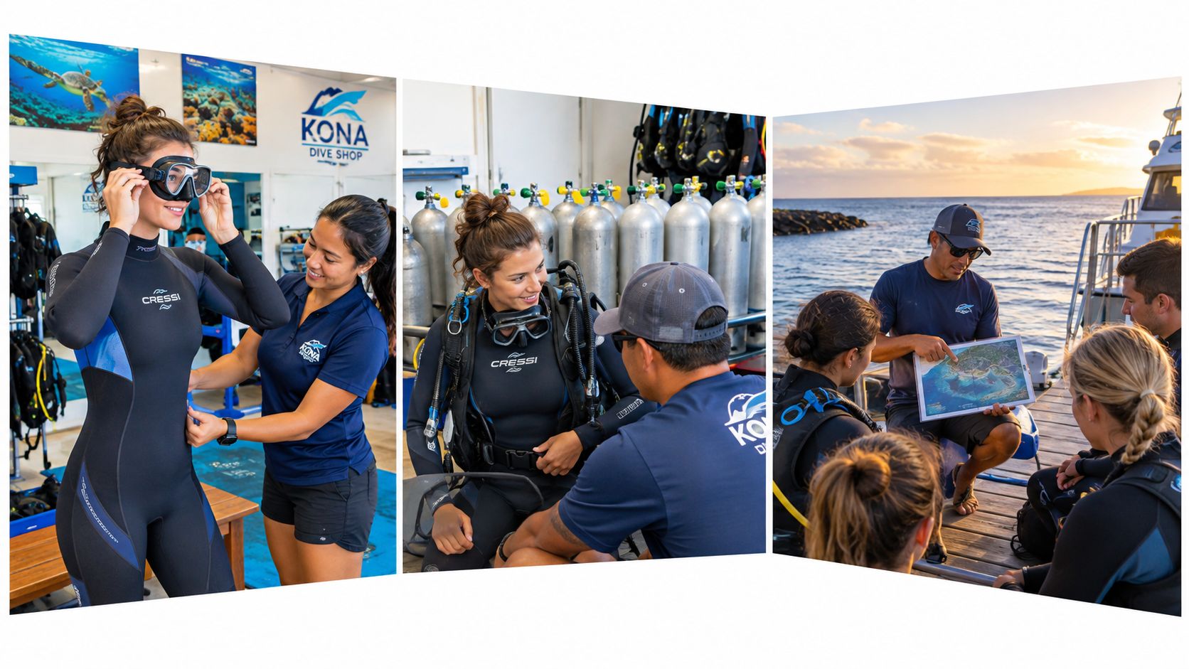 A professional instructor training a group of students in preparation for a scuba diving adventure in Hawaii.