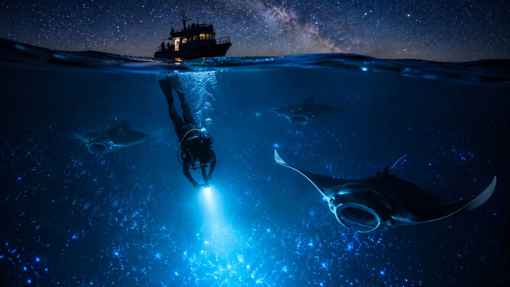 A scuba diver explores underwater with manta rays beneath a starlit night sky and a boat.
