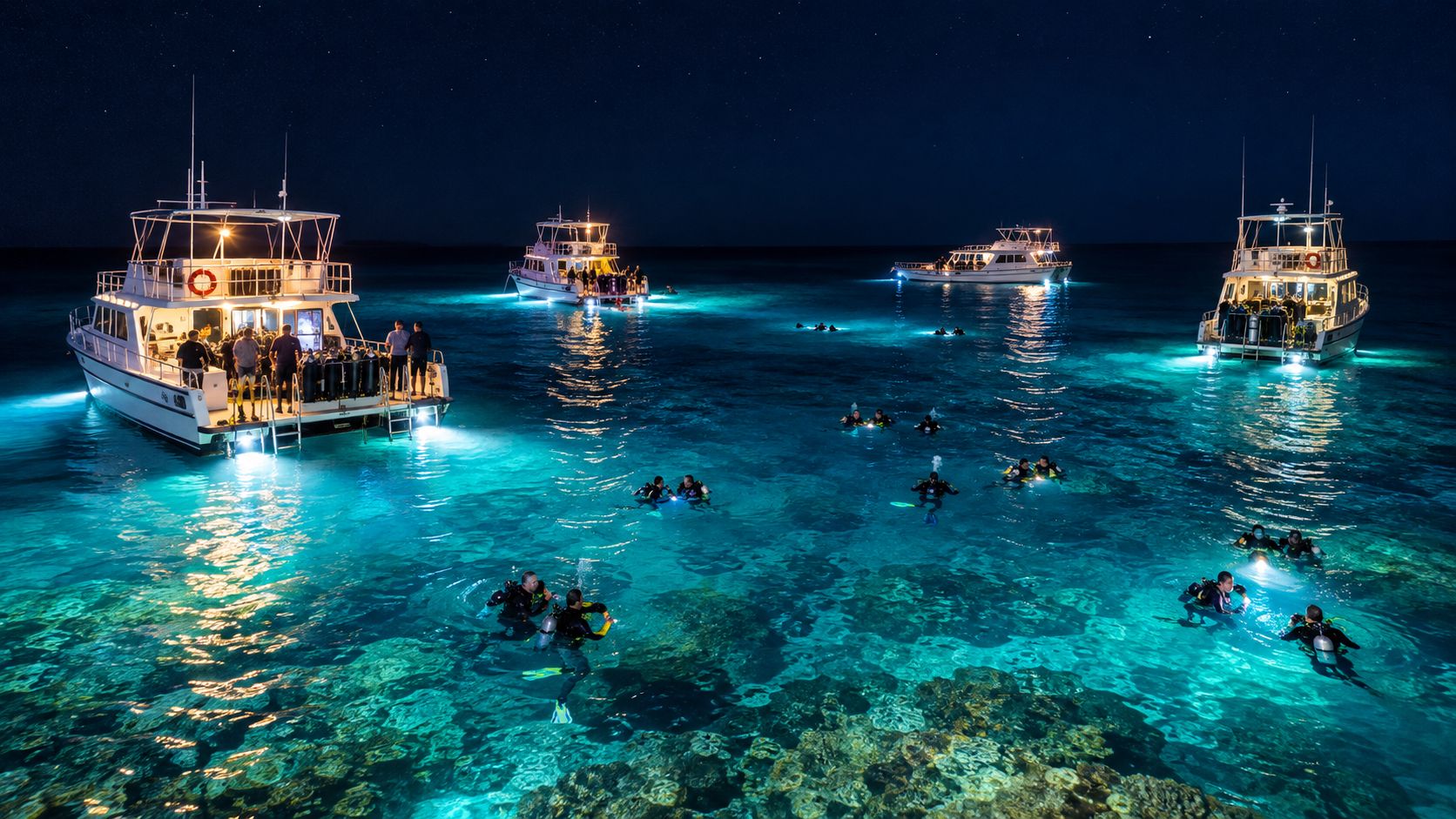 Scuba divers swimming near illuminated boats during a night diving excursion in clear tropical waters.