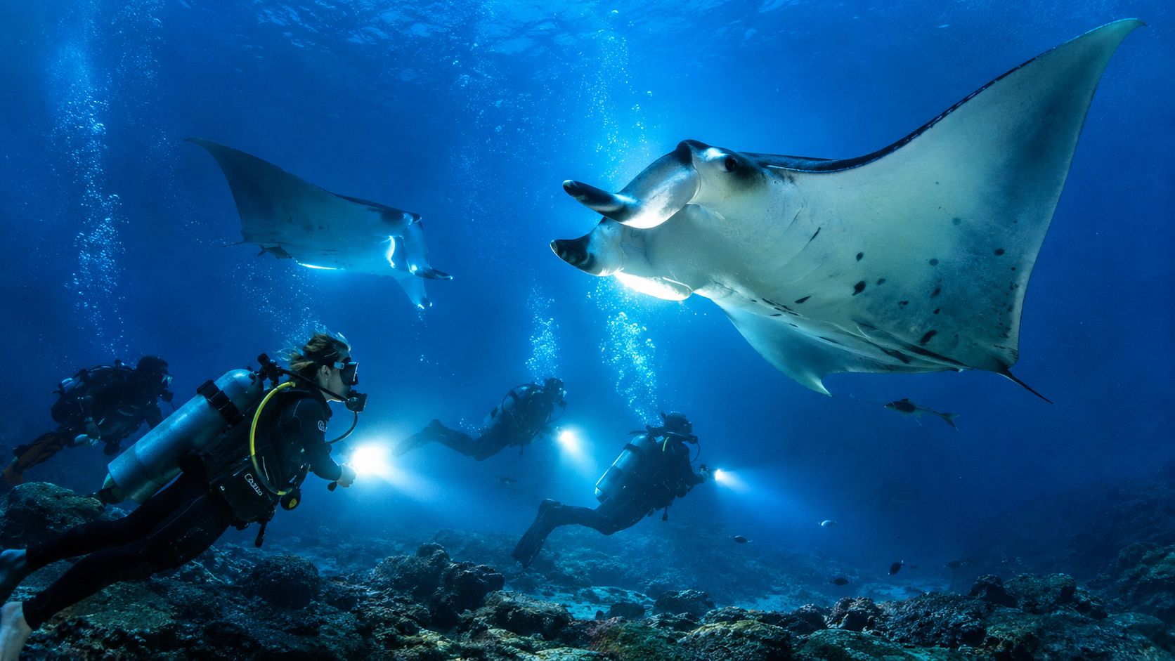 Scuba divers exploring the ocean floor at night with flashlights while manta rays swim gracefully overhead.