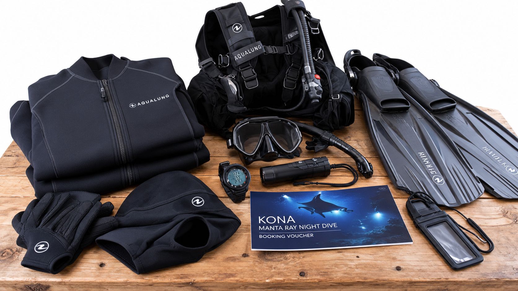 A professional set of black scuba diving gear including a wetsuit, BCD, mask, fins, and a manta ray night dive voucher.