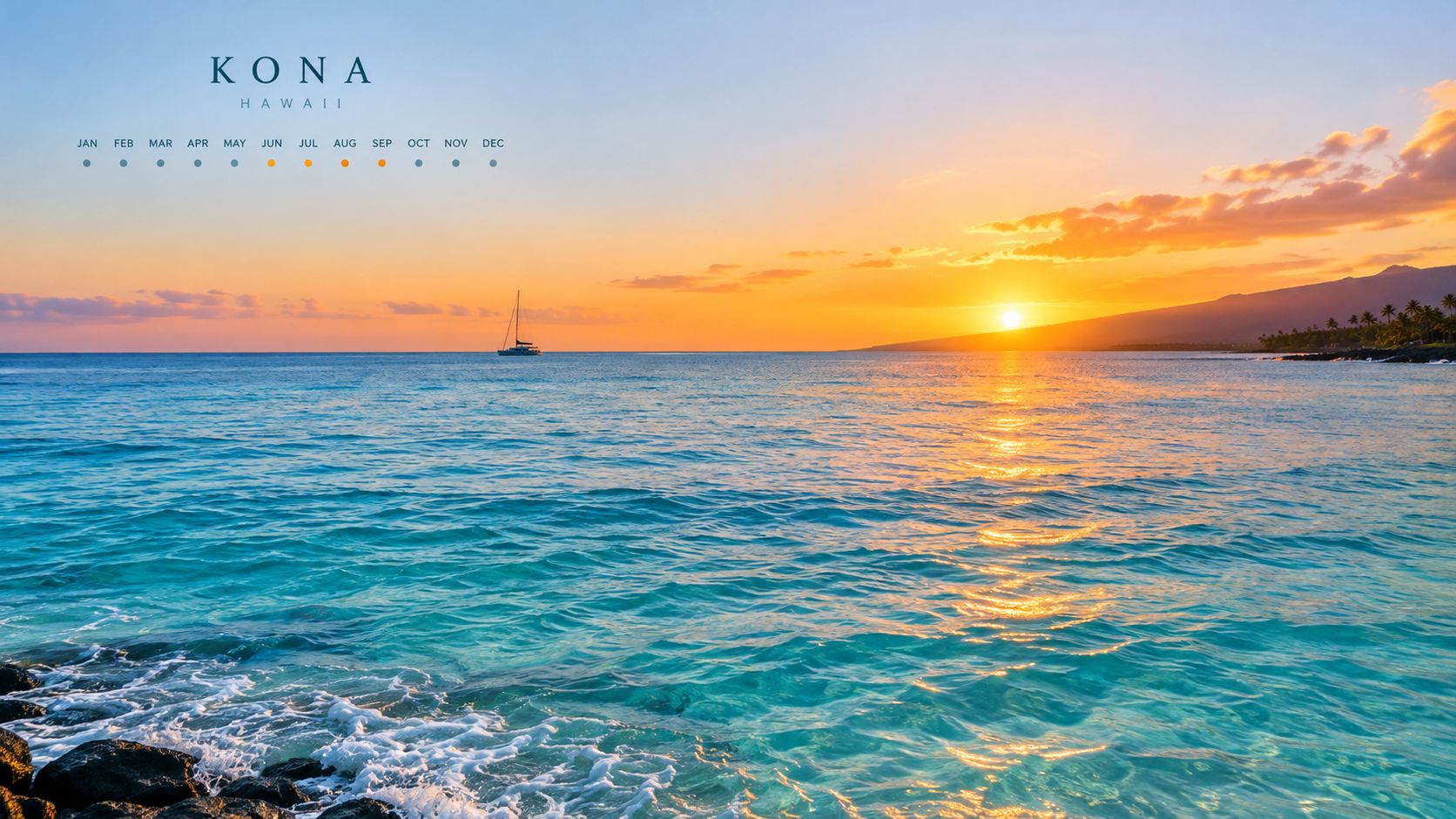 A breathtaking sunset over the turquoise ocean in Kona, Hawaii, featuring a lone sailboat silhouette.