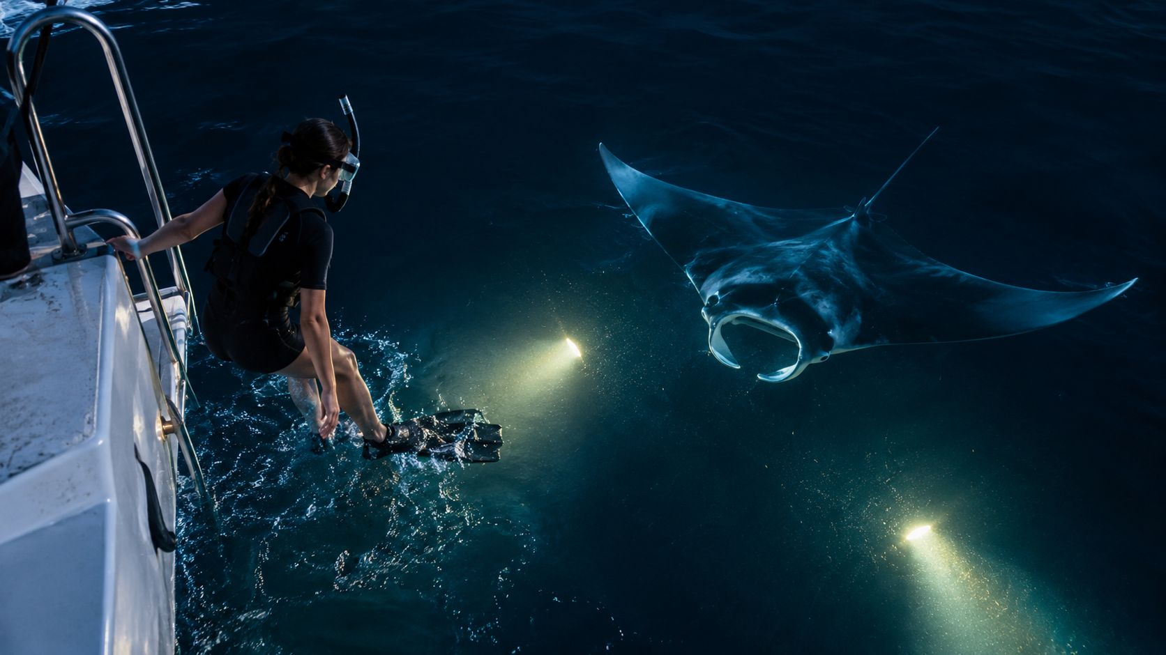 A woman wearing snorkeling gear prepares to dive into the dark ocean near a manta ray.