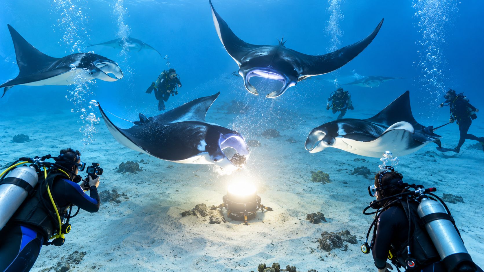 Scuba divers watch and photograph a group of manta rays attracted to an underwater light at night.