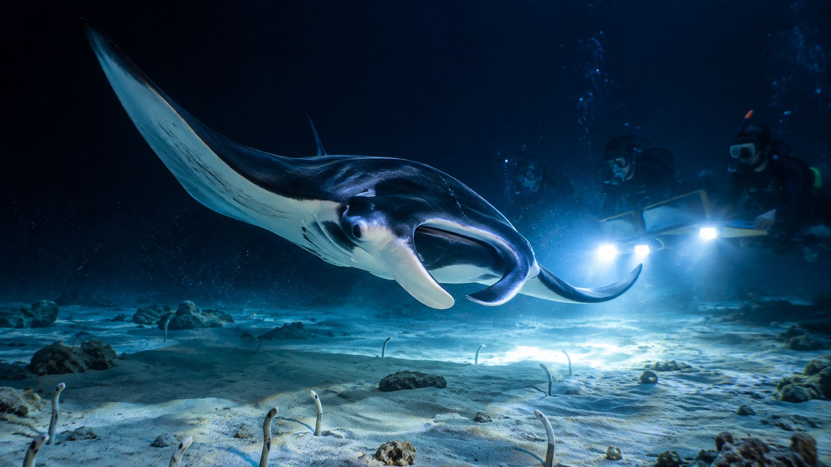 A majestic manta ray swims gracefully over the sandy ocean floor near scuba divers at night.