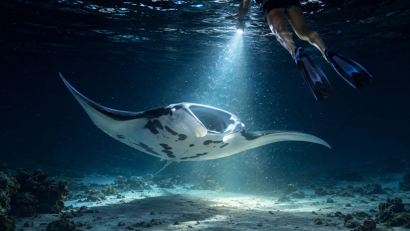 A snorkeler shines a bright flashlight onto a large manta ray swimming in deep ocean waters.